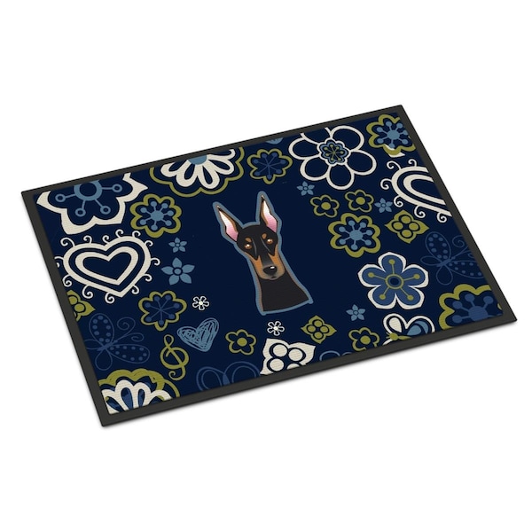 Carolines Treasures 24 x 36 in. Blue Flowers Doberman Pinscher Indoor or Outdoor Mat BB5096JMAT - main